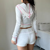 Tineit Two Piece Set Pink Bright Line Hoodie Tracksuit Women Casual Sweatshirt Coat Y2K Low Waist Shorts Outfits 2PCS Clothes