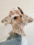 Tineit Floral Print Chiffon Blouses Women Summer Flare Sleeve V Neck Ruffles Shirts Ladies Elegant Vintage Sweet Lace Up Irregular Tops