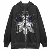 Tineit Y2K Aesthetic Zip Up Sweatshirts E-girl Gothic Grunge Emo Skeletons Wings Print Oversized Hoodies Autumn Long Sleeve Coat Top