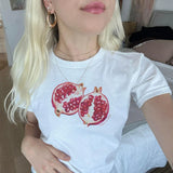 Tineit Women's Y2K Vintage Summer Tops Cute Strawberry Fruit Print Short Sleeve Round Neck Fitted T-Shirts Aesthetic Clothes