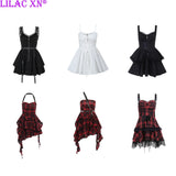 Tineit Y2K Black Bandage Summer Party Dresses for Women Goth Sexy A-Line Sleeveless Plaid Bodycon Mini Vestido Short Dresses Streetwear