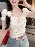 Tineit Casual T Shirt Women Summer Short Sleeve Backless Floral Printed Crop Tops Korean Fashion Preppy Style Sweet Slim Tees Camisetas