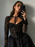 Black Friday Tineit Sexy Lace Bandage Mini Dress Women's Fashion See Through A-line Dress Fishbone Splice Long Sleeve Black Gown Dresses Lady