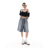 Tineit Blue Women's Shorts Jeans High Waist Straight Pants TIKTOK Streetwear Y2K 90s Vintage Female Wide Leg Denim Five Points Trouser