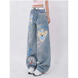 Tineit Blue Jeans Women Graffiti High Waist American Wide Leg Pants Y2K Style Fashion Streetwear Female Pants Winter Straight Trousers