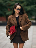 Tineit Retro Brown Lapel With Pocket Jacket Woman Fashion Buttons Long Sleeve Short Coat 2024 Female Autumn High Street Outwear