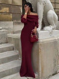 Black Friday Tineit Off Shoulder Long Sleeve Knitted Maxi Dress Women Solid Fashion Backless Bodycon Vestidos 2024 New Lady Party Streetwear