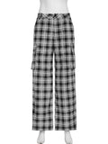 Tineit Y2k Streetwear Oversize Plaid Pants Aesthetical Elastic Waist Pockets Straight Loose Cargo Trousers Casual Chic Women