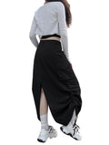 Tineit Retro Women Long Cargo Pocket Baggy Skirts Side Drawstring Low Rise Solid Pockets Hip Hop Straight Skirts Y2k Streetwear