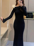 Tineit  Lace-up Bow Knitted Vestidos Mujer Women 2025 Dresses Long Sleeve Fishtail Dress Autumn New High Waist Vestido Elegant Robes