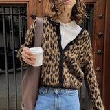 Black Friday Tineit Fashion Lepard Knitted Sweater Cardigan For Women Loose Casual Long Sleeve Retro Single Breatted Sweater Autumn Outwear