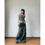 Tineit Women Denim Skirt Y2k Emo 2000s Clothes Long Skirt Harajuku Korean 90s Fashion Vintage Gradient A-line Jean Skirt Grunge Clothes