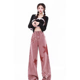 Tineit Women's Pink Jeans Letters Printed High-waisted American Street Wide Leg Pants Hip-hop Fashion Retro Straight Y2K Winter Pants