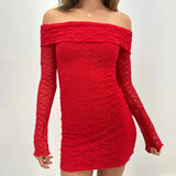 Tineit Women Sexy Floral Lace Sheer Long Sleeve Mini Dress Fairy Coquette Red Off Shoulder Slim Fit Dress Wrap Bodycon Club Party