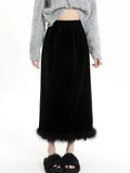 Tineit Black Long Skirt Women Korean Fashion Feathers Patchwork Velvet Skirts Female Autumn Winter Elegant Split High Waist Slim Skirts