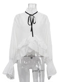 Tineit Sexy See-Through White Shirt Female Lace Up Ruffled Collar Long Sleeve Blouse 2024 Autumn Fashion Elegant Women's Shirt