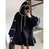 Tineit Velvet Lace Spliced Vestidos Hooded Long Sleeve Vestido Loose A-line Dresses Korean Hoodie Dress Spring Autumn Ropa Mujer