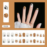 Tineit-Fall nails Christmas nails 24pcs Press on False Nails Set Cartoon Animal Decal Fake Nails Art  Full Cover Artificial Short Nail Tips With Wearing Tools