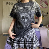 Tineit 2000s Retro Dark Academia T Shirt Y2K Skulls Wings Graphic Print Tops Summer Short Sleeve Harajuku Tees Mall Goth Clothes