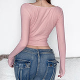 Tineit Lace Sweet Women T Shirt Y2K Coquette Pink Long Sleeve Slim Tops Aesthetic Basic Tee Autumn Casual Korean Fashion 2024