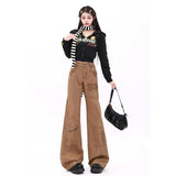 Tineit Women Khaki Flare Cargo Jeans Vintage Korean High Waist Cowboy Pants Harajuku Denim Trousers 90s Aesthetic Y2k Emo 2000s Clothes