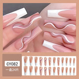 Tineit-24PCS/SET Long Coffin Ballerina French Line Art Glitter Fake Nails Fashion Tender Manicure Reusable Nail Art Nail Accessories