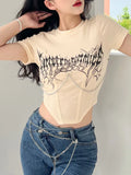 Tineit Graphic T Shirt Women Summer Short Sleeve Sexy Skinny Crop Top Retro Harajuku Y2k Aesthetic Tops Korean Style Streetwear Feamle