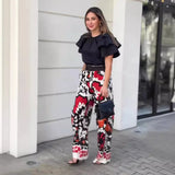 Tineit Two Pieces Pant Sets Print Pullover Tops Wide Leg Pants Loose Casual Women Matching Sets Ruffles 2024 Pockets Ankle Length