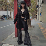 Tineit Y2K Gothic Black Lace Mesh Flared Pants Sexy Harajuku Aesthetic See Through Long Trousers Vintage Women Summer Pants Streetwear