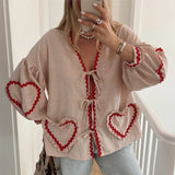 Tineit Women Y2K Loose Fit T-shirt Holiday Streetwear Heart Frill Patched Plaid Blouse Tops Vintage Tie Front V Neck Long Sleeve Tees