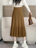 Tineit Knitted Long Skirts Women Autumn Winter Casual Loose Pleated Skirt Female Korean Fashion Solid Color High Waist A Line Skirt