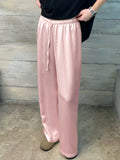 Tineit Casual Loose Satin Soft Full-length Pants for Women Solid Drawstring Mid Waist Pants Summer Ice Silk Straight Trousers