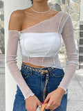 Tineit Long Sleeve T-Shirt Women Coquette Sexy Crop Tops Ladies Y2K Irregular See Through T Shirts Female Summer Mesh Off Shoulder Tees