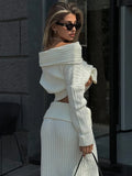 Tineit Knitted Skirt 2 Piece Set Women's One-Shoulder Long Sleeves Sweater Pullover Elegant Slim Fit Long Skirt Suit Autumn New