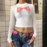 Tineit Korean Retro Y2K Fairycore T-shirt Bowknot Print Slim Fit Baby Tees Preppy Cute O Neck Long Sleeve Basic Crop Tops Women Clothes