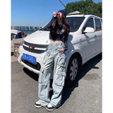 Tineit Women Blue Jeans Hip Hop Streetwear High Waist American Wide Leg Pants Fashion Y2K Style Female Winter Straight Trousers