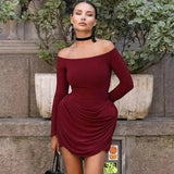 Black Friday Tineit Elegant Ruched Long Sleeve Dress For Women One Shoulder Bodycon Mini Dress Sexy Club Party Dresses Lady Solid High Waist