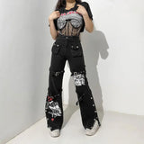 Tineit American New Trend Girl Cool Handsome Street Shooting Printing Japanese Button Jeans Strap Fried Street Subculture Pants Female