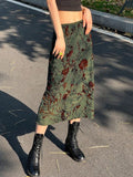 Tineit Floral Print Vintage Green Midi Skirt Women Y2K High Street Grunge Fashion Elegant Mid-Calf Long Skirt Streetwear Female Faldas