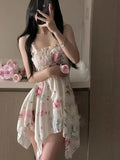 Tineit Floral Dress for Women French Style Vintage Casual Dresses Slim Fairycore Printing Mini Camisole 2024 New Spring Summer Dress