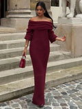 Black Friday Tineit Off Shoulder Long Sleeve Knitted Maxi Dress Women Solid Fashion Backless Bodycon Vestidos 2024 New Lady Party Streetwear