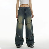 Tineit New Men And Women Ragged Pants Splicing Washed Hollow Jeans Y2K American Retro Gothic Punk Style Loose Casual Wide-leg Pants