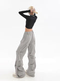 Tineit Y2K Pleated Grey Cargo Pants Women Streetwear Korean Oversize Wide Leg Baggy Pants Hip Hop Jogger Trousers Elastic Waist