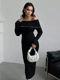 Black Friday Tineit Fall Winter Sexy One-Shoulder Long Knit Dress Slim Elegant Fungus Splice Contrast Color Sweater Female Club Party Dresses