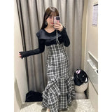 Tineit  O-neck Ruffles Vestidos Knit Spliced Plaid Vestido Long Sleeve Dresses Irregular Hem Dress Spring Autumn 2025 New Ropa Mujer