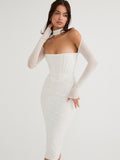 Tineit White Long Sleeve Mesh Corset Cocktail Midi Dress