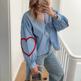 Tineit Y2K Front Bowknot Tie-Up V-Neck Tees Plaid Heart Pattern Long Sleeve Blouse T-shirt Women Chic Fashion Spring Casual Crop Tops