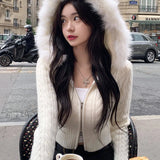 Tineit Furry Hooded Sweaters Coat Autumn Winter Women Casual Hoodie Y2K Zipper Cropped Sweater Jacket Korean Female Knitwear