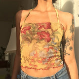 Tineit 00s Floral Pattem Mesh Sheer Camis Hotsweet E-girl Slim Fit Backless Halter Tops Women Sleeveless Crop Top Vest Y2K Streetwear