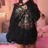 Tineit 2024 Fall Fashion Vintage Dark Academia Harajuku Zip Up Hoodies Gothic Grunge Skull Print Sweatshirts Autunm Spring Y2K Aesthetic Coat Tops